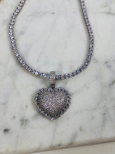 Blinged Out Heart Pendant Tennis Necklace - Silver