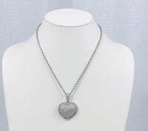 Blinged Out Heart Pendant Rope Chain - Silver