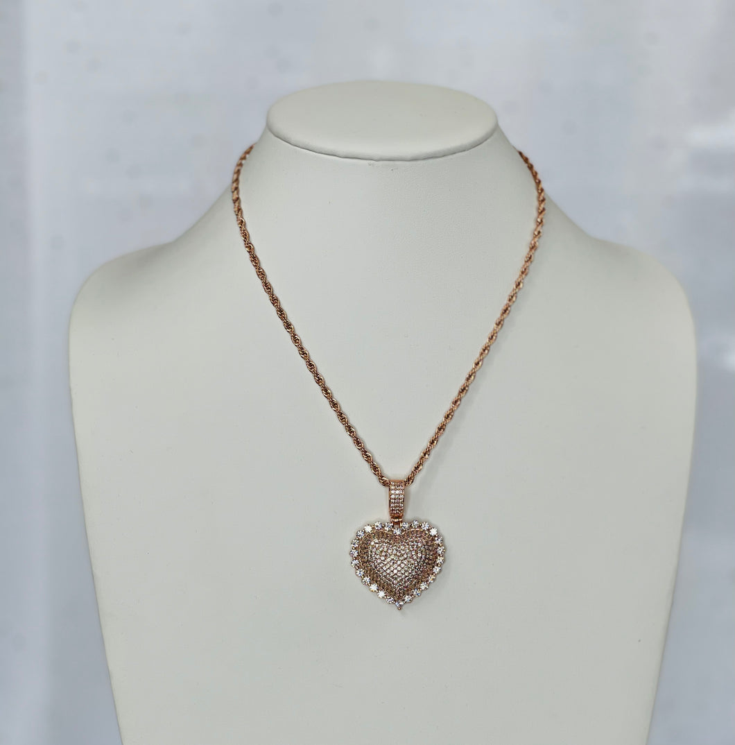 Blinged Out Heart Pendant Rope Chain - Rose Gold