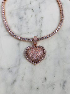 Blinged Out Heart Pendant Tennis Necklace - Rose Gold