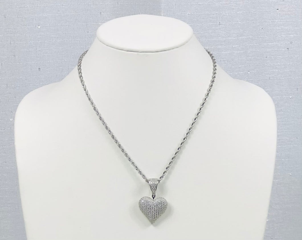 Diamond Heart Pendant Rope Chain - Silver
