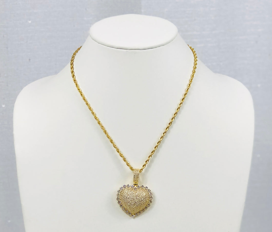 Blinged Out Heart Pendant Rope Chain - Gold